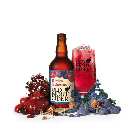 Old Mout Cider Berries and Cherries Alcohol Free Flavour bottle and glass surrounded by fruit