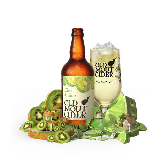 Old Mout Cider Kiwi and Lime Flavour bottle and glass surrounded by fruit
