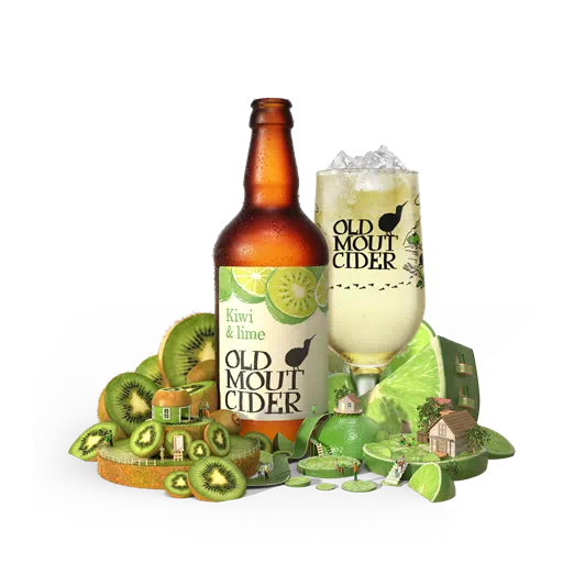 Old Mout Cider Kiwi and Lime Flavour bottle and glass surrounded by fruit