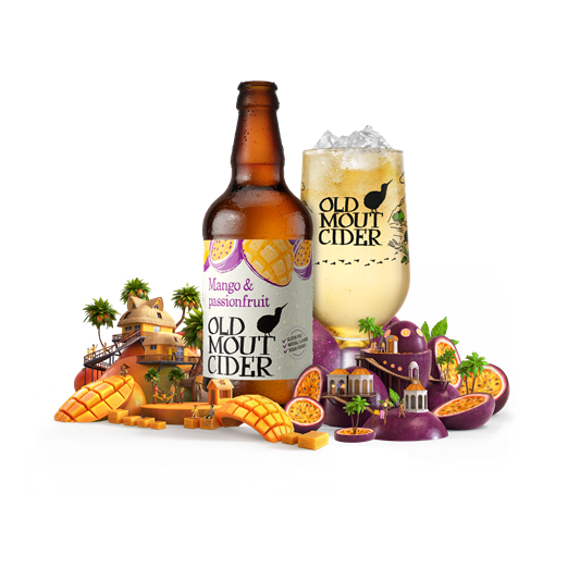 Old Mout Cider Mango and Pineapple Flavour bottle and glass surrounded by fruit