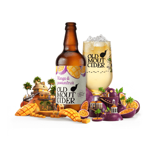 Old Mout Cider Mango and Pineapple Flavour bottle and glass surrounded by fruit