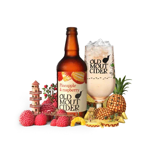 Old Mout Cider Pineapple and Raspberry Flavour bottle and glass surrounded by fruit